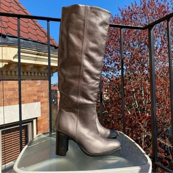 New Free People Grayson Tall Knee High Boots Leather Heeled Pewter Metallic - Picture 12 of 12